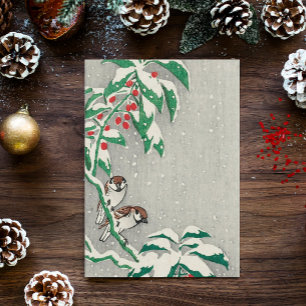 Vintage Christmas Card   Birds in Snow Holly