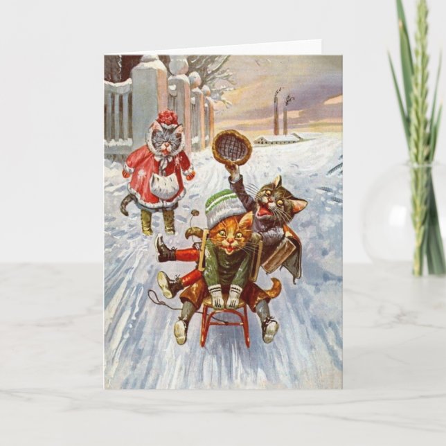 Vintage Christmas Card, Cats Sleigh Ride Holiday Card (Front)