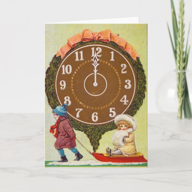 Vintage Christmas Card | Children on sleigh (Front)