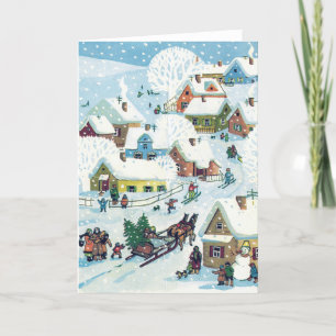 Vintage Christmas Card   Cute Snowy Village