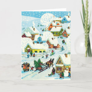 Vintage Christmas Card Cute Snowy Village