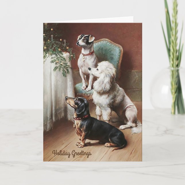 Vintage Christmas Card, Dogs at Christmas Holiday Card (Front)