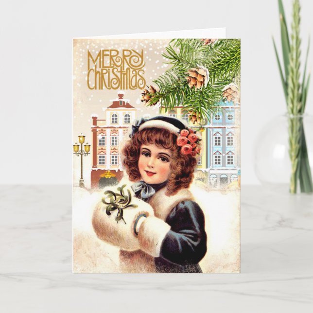 Vintage Christmas Card Girl with fur muff (Front)