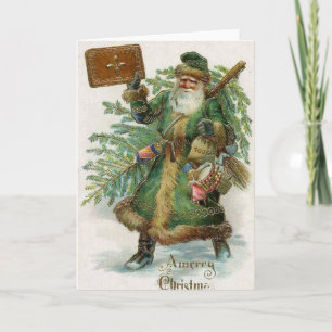 Vintage Christmas Card Green Santa
