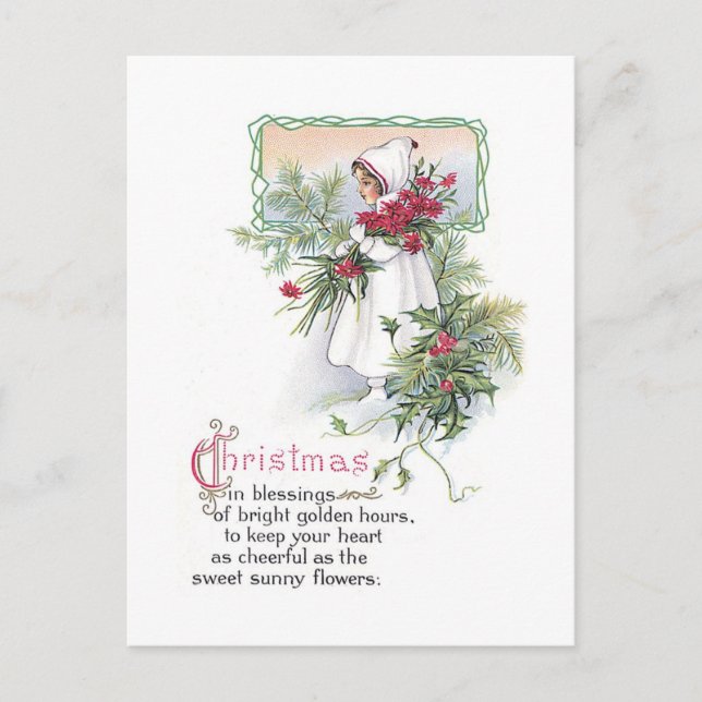 Vintage Christmas Card Little Girl with Poinsettia (Front)