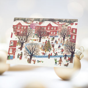 Vintage Christmas Card Retro Winter Snowy Village