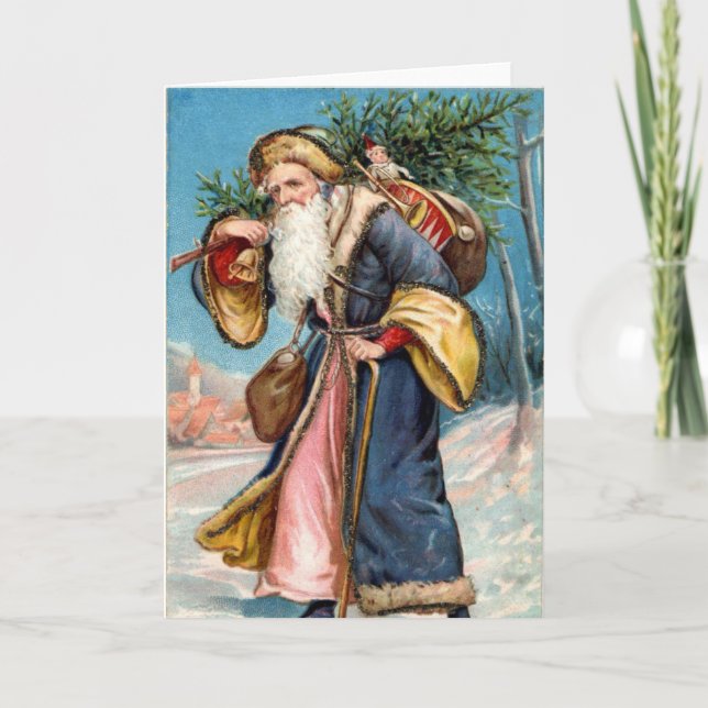 Vintage Christmas Card | Santa carrying a Tree (Front)