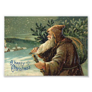 =Vintage Christmas Card, Santa Claus and Tree Photo Print