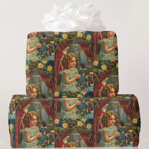 Vintage Christmas Card Santa Girl w Doll Wrapping Paper