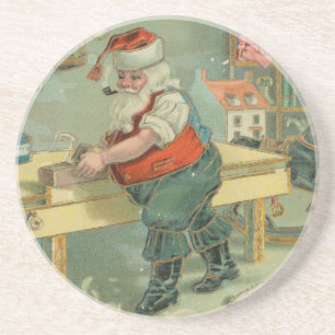Vintage Christmas Card - Santa in his Workshop Coaster