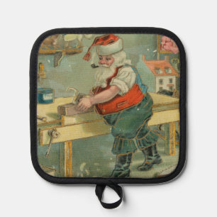Vintage Christmas Card - Santa in his Workshop Pot Holder