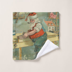 Vintage Christmas Card - Santa in his Workshop Wash Cloth
