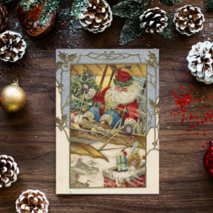 Vintage Christmas Card Santa on a plane