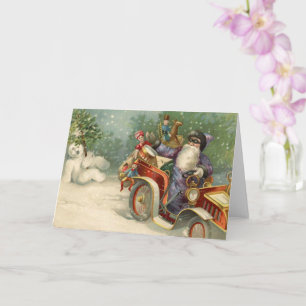 Vintage Christmas Card   Santa vintage car Snowman