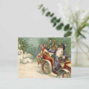Vintage Christmas Card   Santa vintage car Snowman