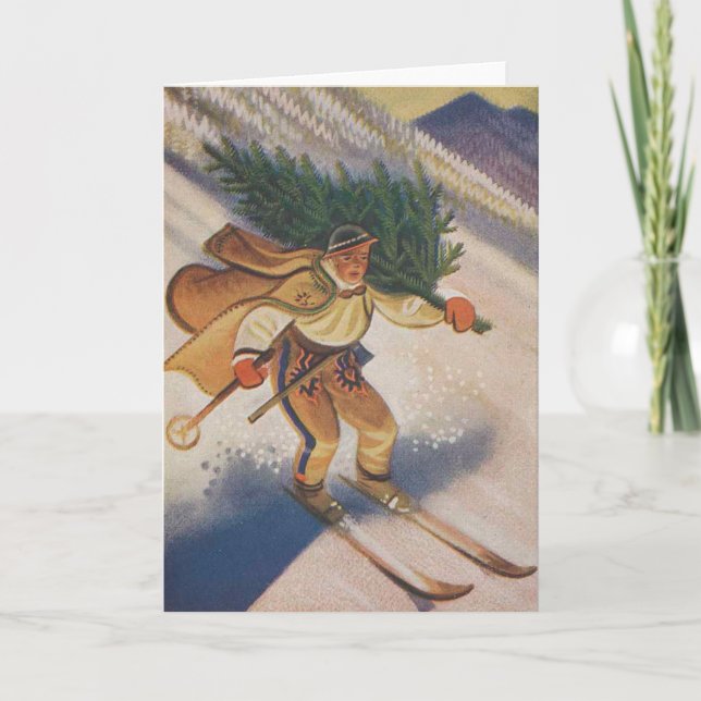 Vintage Christmas Card | Skiing Christmas tree (Front)