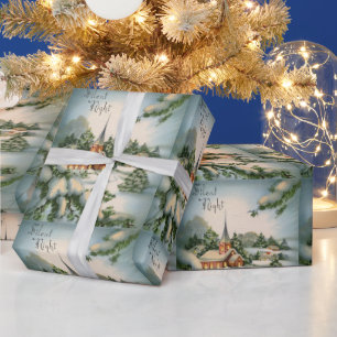 Vintage Christmas Card Winter Church Silent Night Wrapping Paper