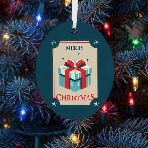 Vintage Christmas Card With Festive Gift Box Metal Tree Decoration