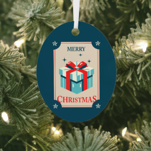 Vintage Christmas Card With Festive Gift Box Metal Tree Decoration