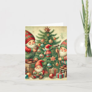 Vintage Christmas Card with Gnomes Decorating Tree