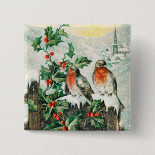 Vintage Christmas Card with Robins, Holly, Church 15 Cm Square Badge