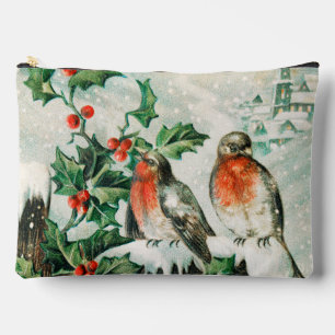Vintage Christmas Card with Robins, Holly, Church Accessory Pouch