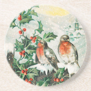 Vintage Christmas Card with Robins, Holly, Church Coaster