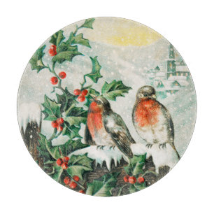 Vintage Christmas Card with Robins, Holly, Church Cutting Board