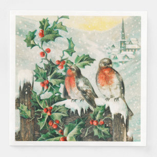 Vintage Christmas Card with Robins, Holly, Church Napkin