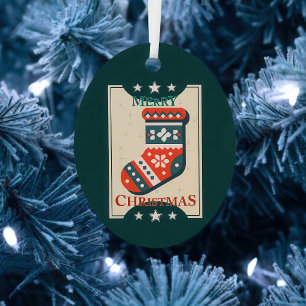 Vintage Christmas Card with Stocking Illustration Metal Tree Decoration