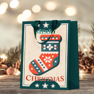 Vintage Christmas Card with Stocking Illustration  Small Gift Bag
