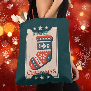 Vintage Christmas Card with Stocking Illustration Tote Bag