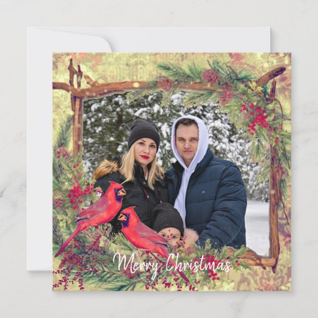 Vintage Christmas cardinals photo frame Holiday Card (Front)