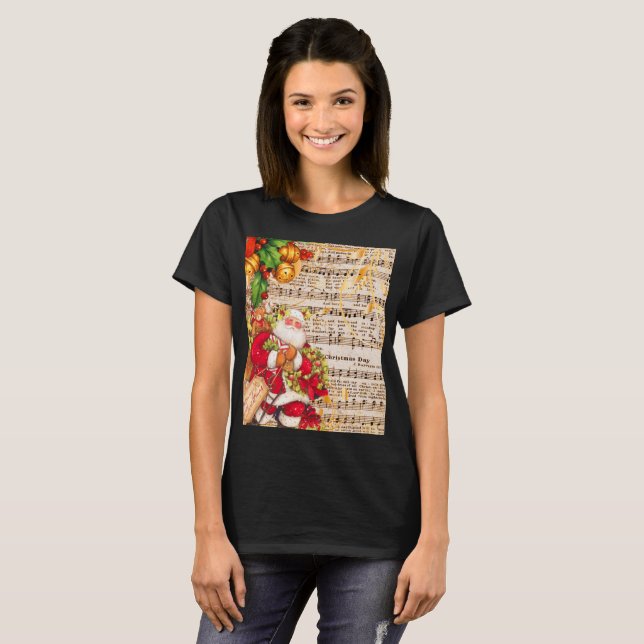 Vintage Christmas Carol Music and Santa T-Shirt (Front Full)