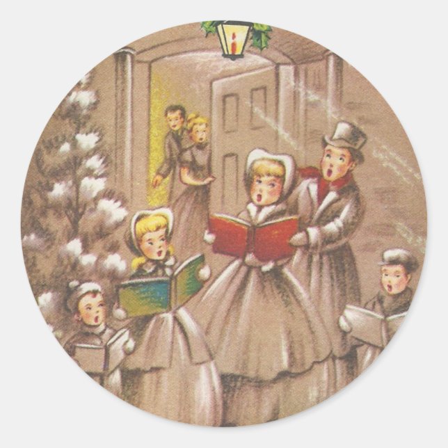 Vintage Christmas Carolers Classic Round Sticker (Front)