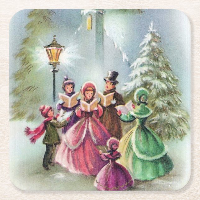Vintage Christmas Carolers party Square Paper Coaster (Front)