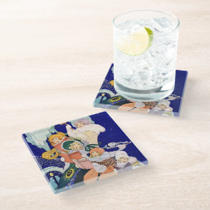 Vintage Christmas Carolers Under the Stars  Glass Coaster