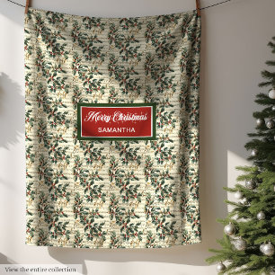Vintage Christmas Carols Holly Berry Custom Name Fleece Blanket