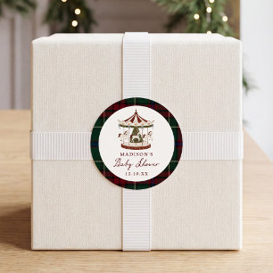Vintage Christmas Carousel Tartan Baby Shower Classic Round Sticker