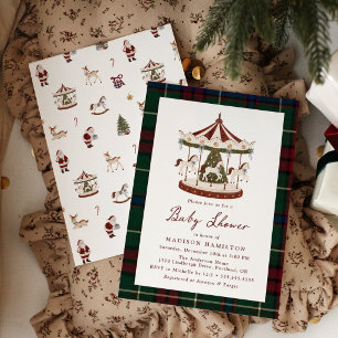 Vintage Christmas Carousel Tartan Baby Shower Invitation