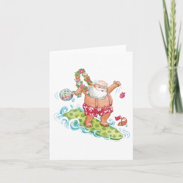 Vintage Christmas Cartoon Surfing Santa Claus Holiday Card (Front)