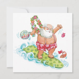 Vintage Christmas Cartoon Surfing Santa Claus Holiday Card