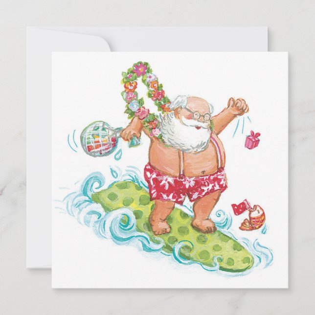 Vintage Christmas Cartoon Surfing Santa Claus Holiday Card (Front)