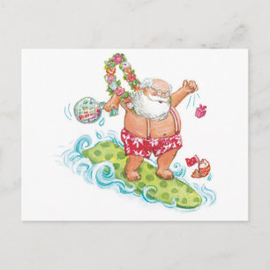 Vintage Christmas Cartoon Surfing Santa Claus Holiday Postcard