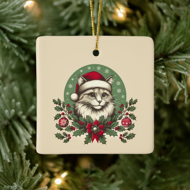 Vintage Christmas Cat Ceramic Ornament (Tree)