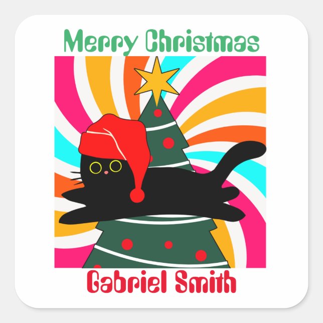 vintage christmas cat gift square sticker (Front)