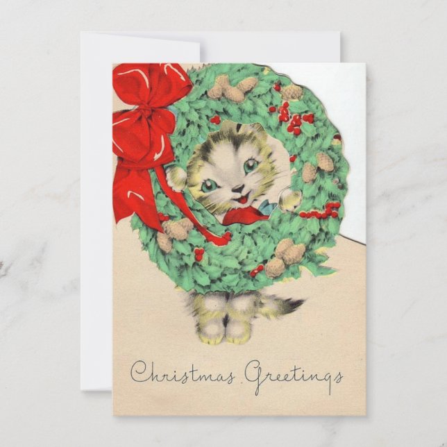 Vintage Christmas Cat Holding Wreath Holiday Card (Front)
