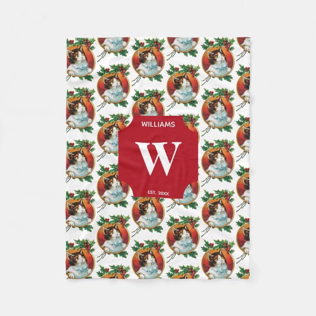 Vintage Christmas Cat Holiday Monogrammed Fleece Blanket (Front)