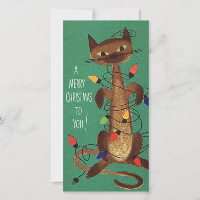 Vintage Christmas Cat In Lights Holiday Card (Front)