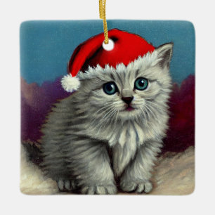 Vintage Christmas Cat in Santa Hat Ceramic Ornament